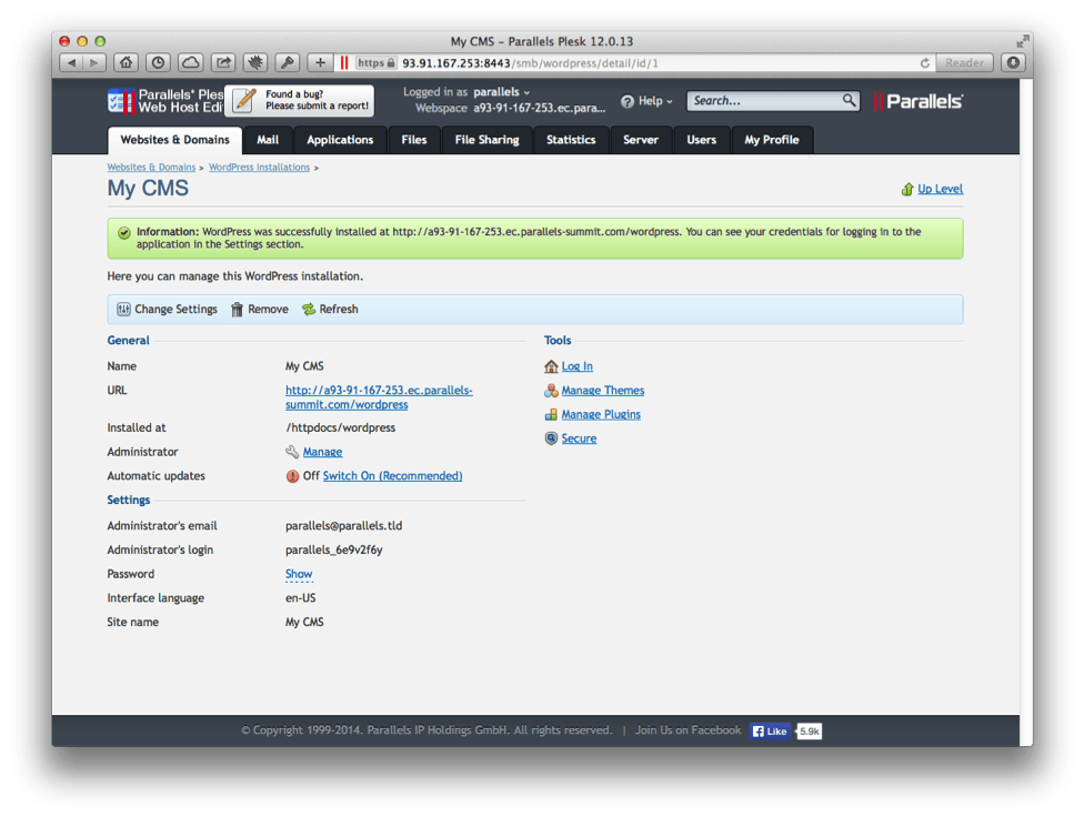 Plesk 12 WordPress Toolkit check after WordPress installed