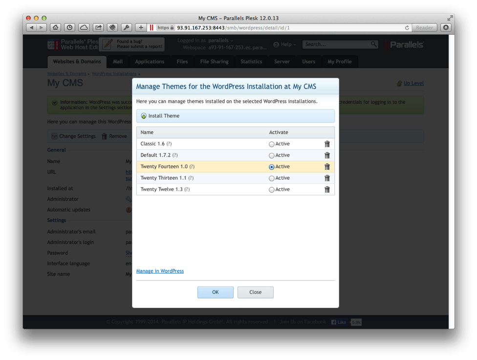 Plesk 12 Managing Themes in WordPress Tool