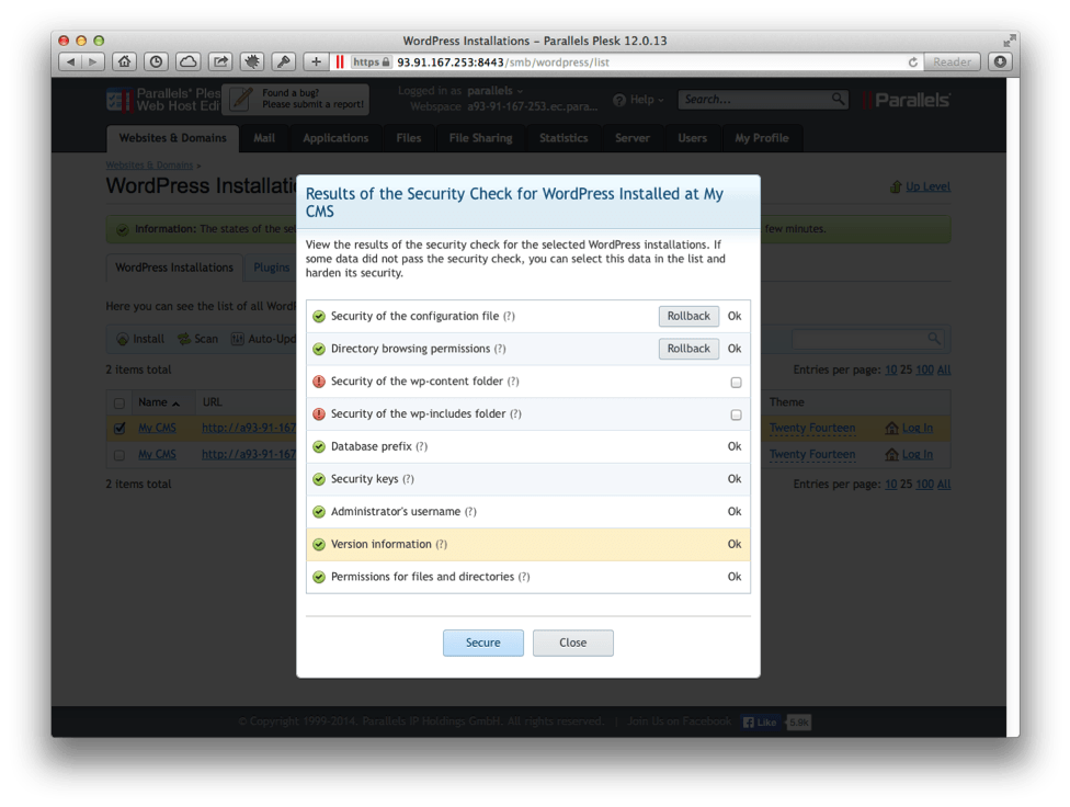 Plesk 12 Security Check screenshot for WordPress Toolkit