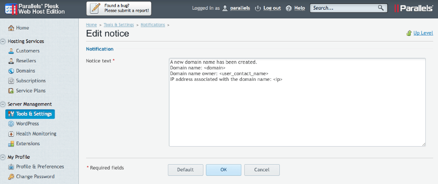 Plesk 12 - Edit Notification