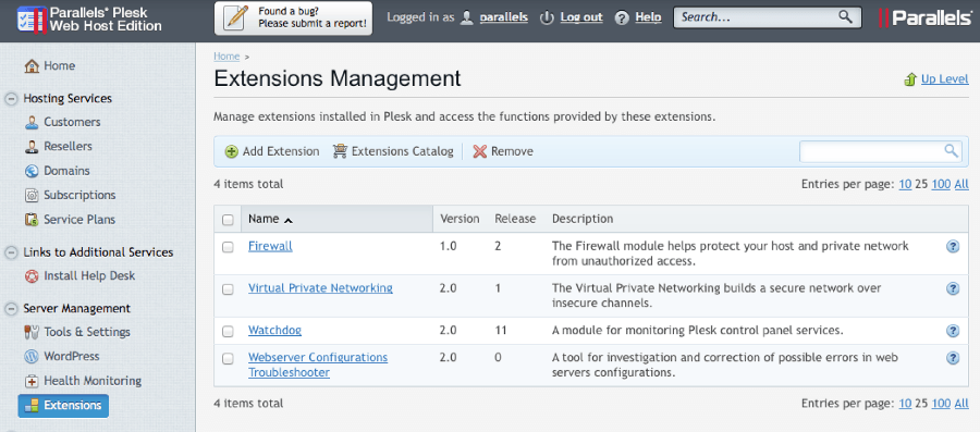 Plesk 12 - Extensions Management