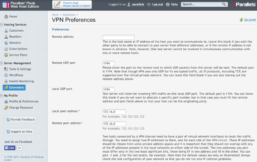 Plesk 12 - VPN Preferences