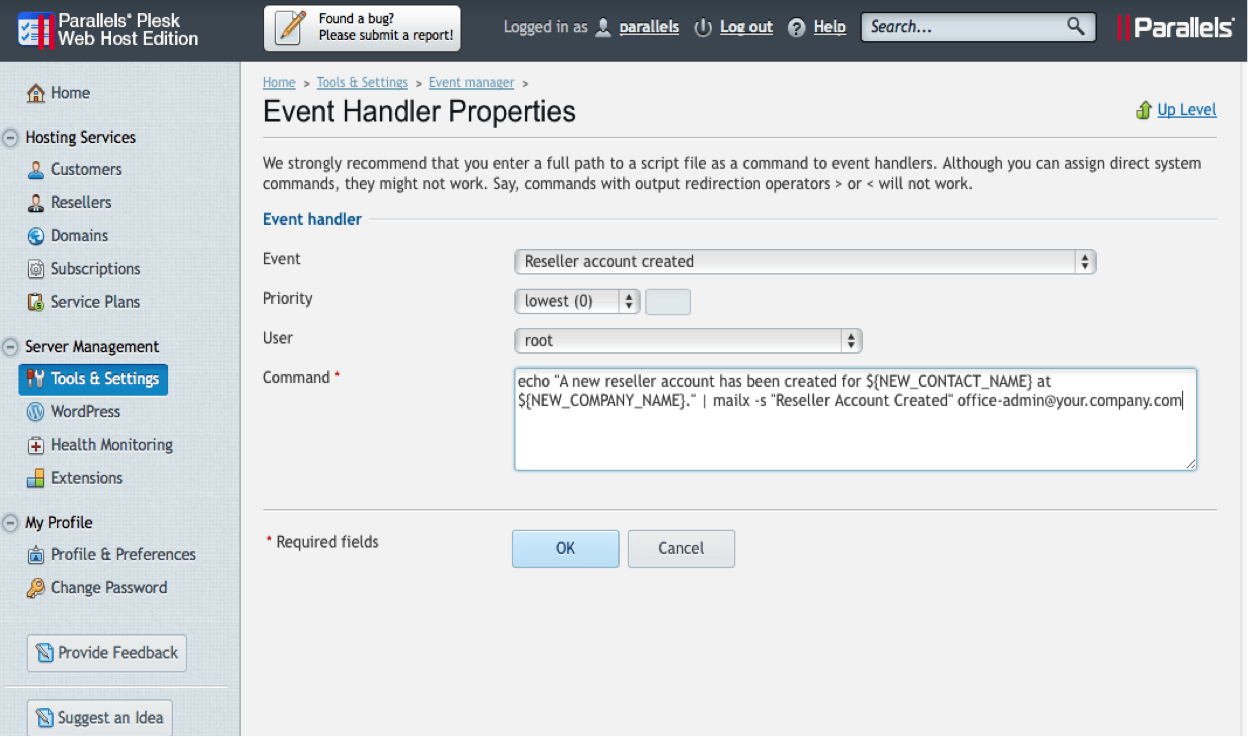 Plesk 12 Event Handler Properties Screenshot - Conetix
