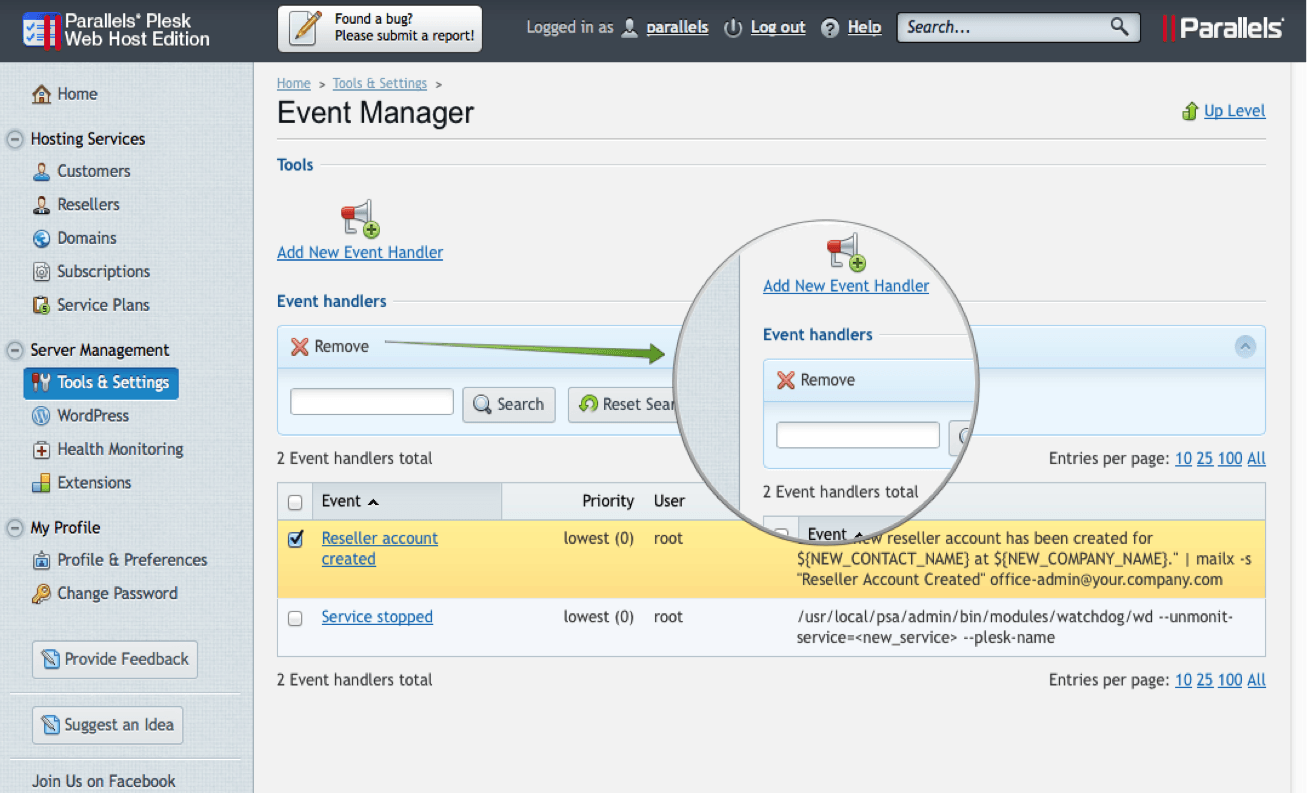 Plesk 12 Event Manager Screenshot - Conetix