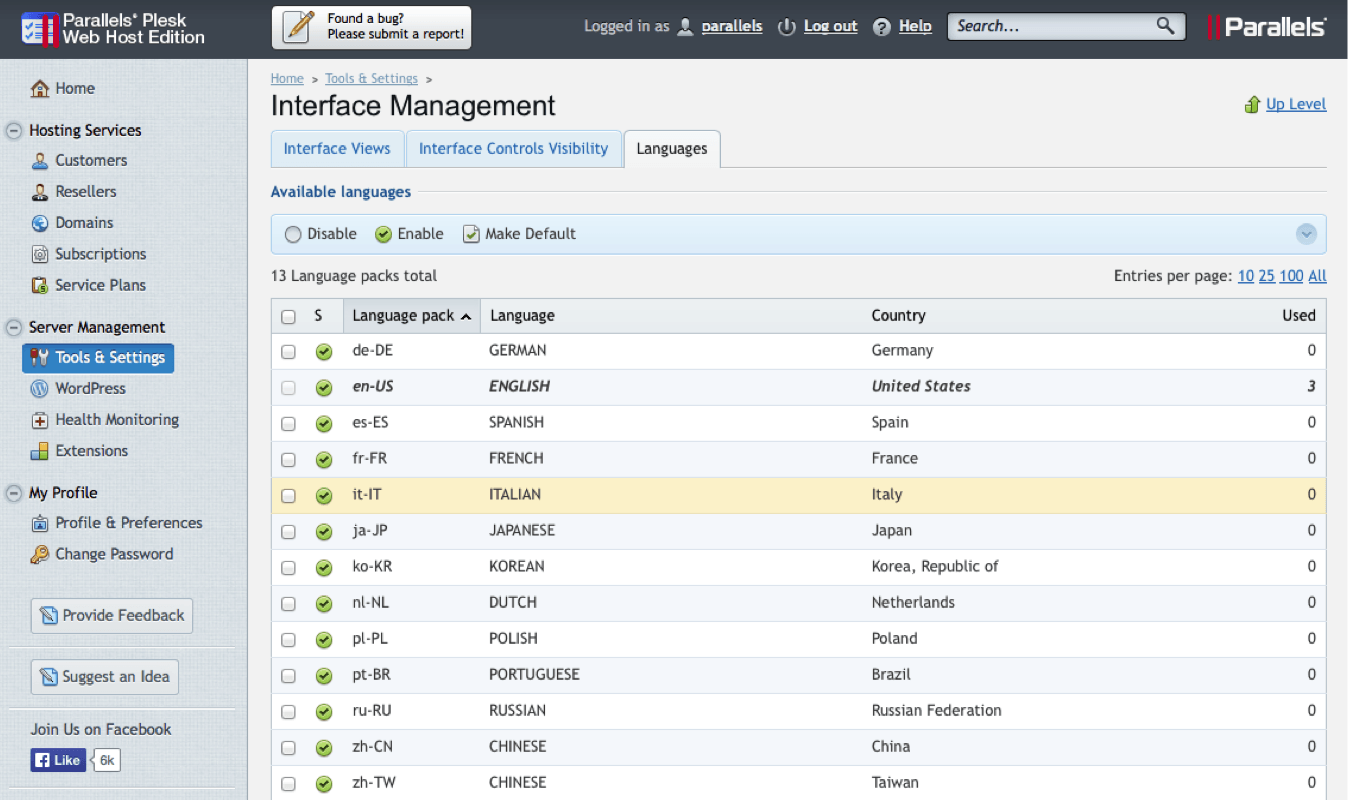 Plesk 12 Changing Languages Screenshot - Conetix