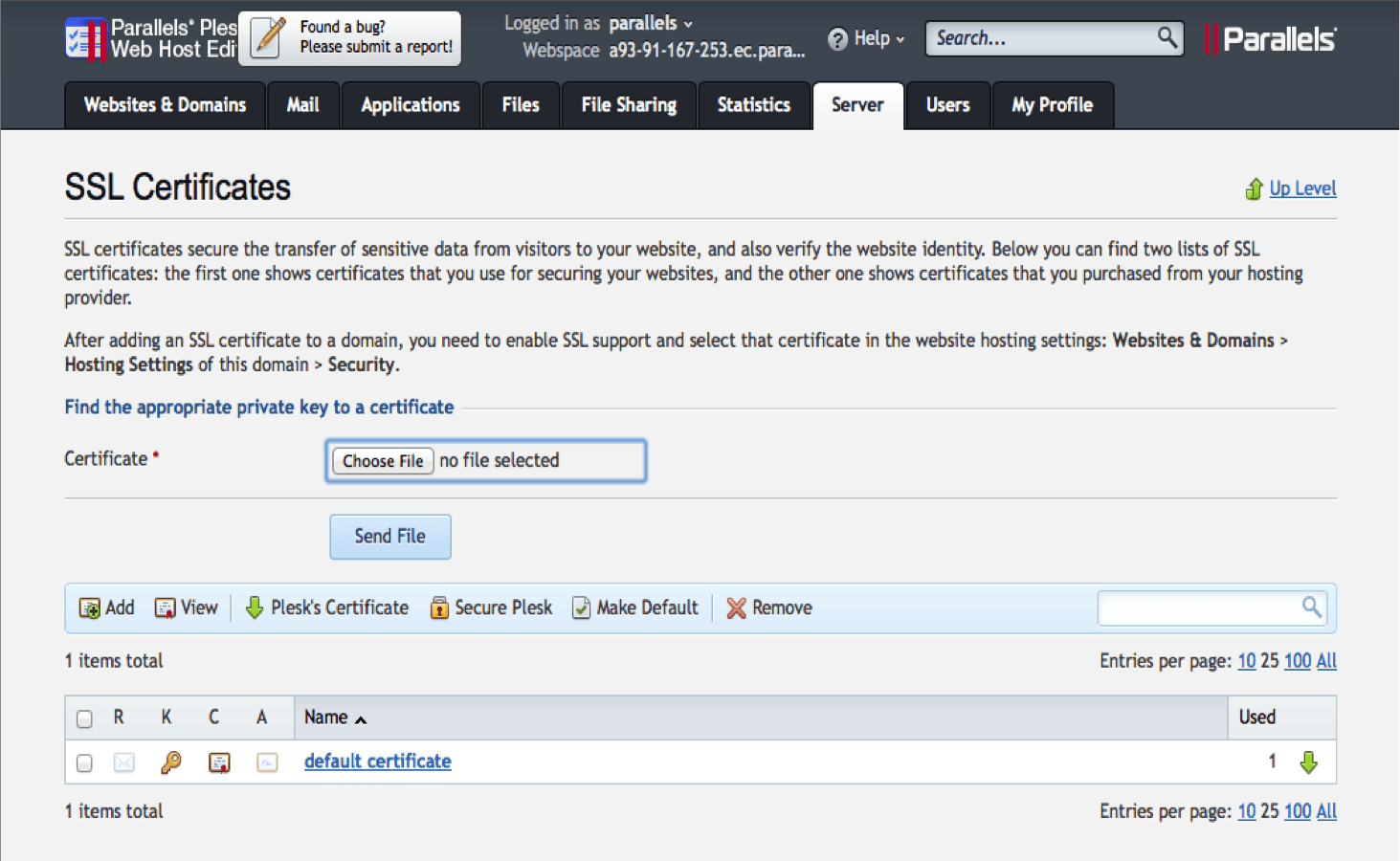 Plesk 12 SSL Certificate Screenshot - Conetix