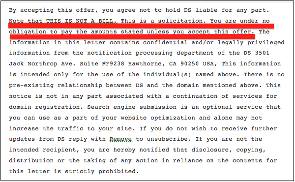 Domain scam email - fine print
