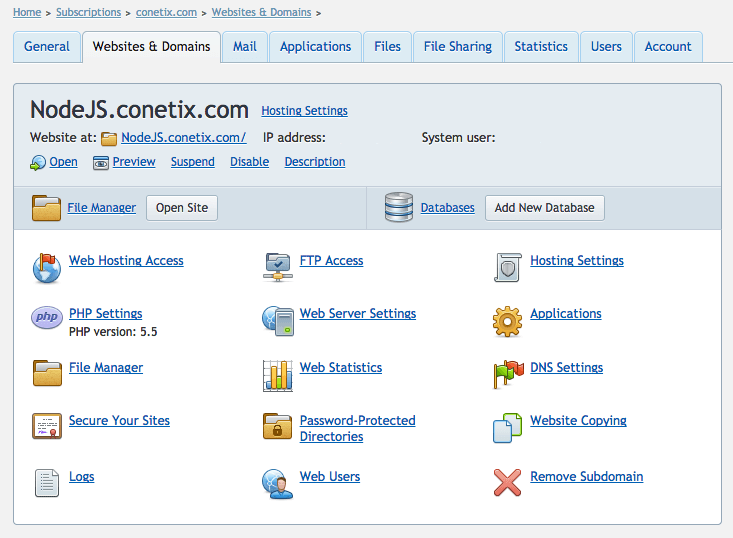 Web Hosting Access Plesk 12 Screenshot NodeJS