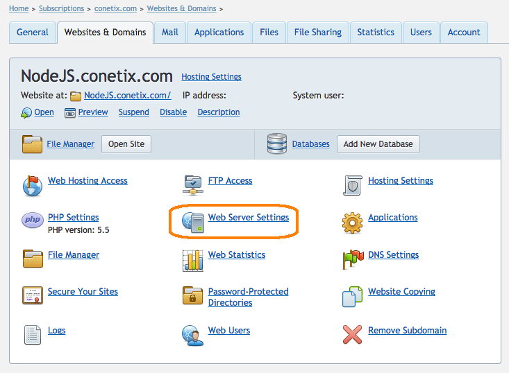 Web Server Settings Plesk12 Screenshot Node