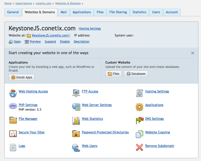 Web Hosting Access Screenshot Plesk 12 KeystoneJS