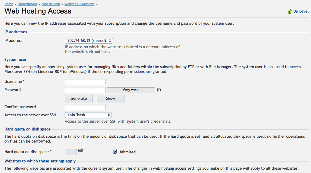 Configure SSH Access Plesk12 Screenshot FuelPHP