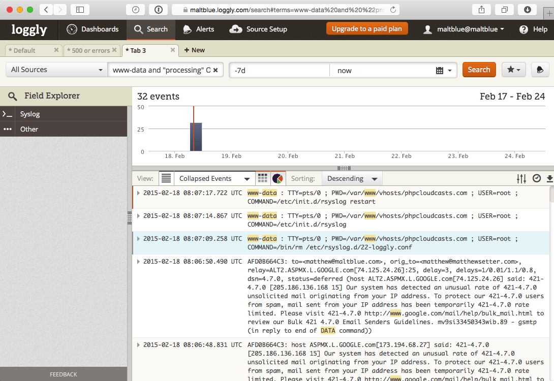 Loggly matching search results Plesk 12 screenshot
