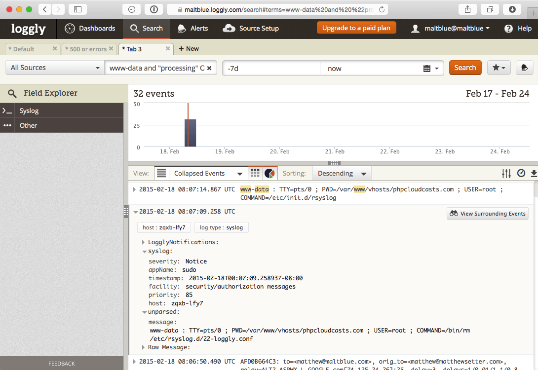 Loggly view a search Plesk 12 screenshot