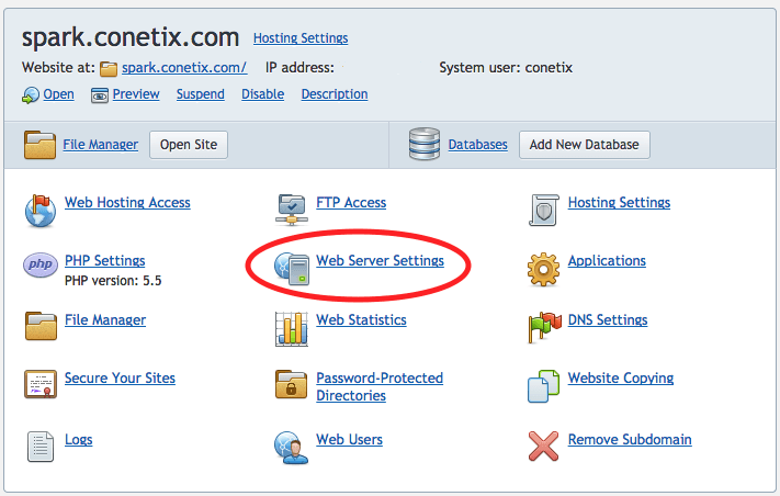 Plesk 12 Spark Web Server settings Screenshot