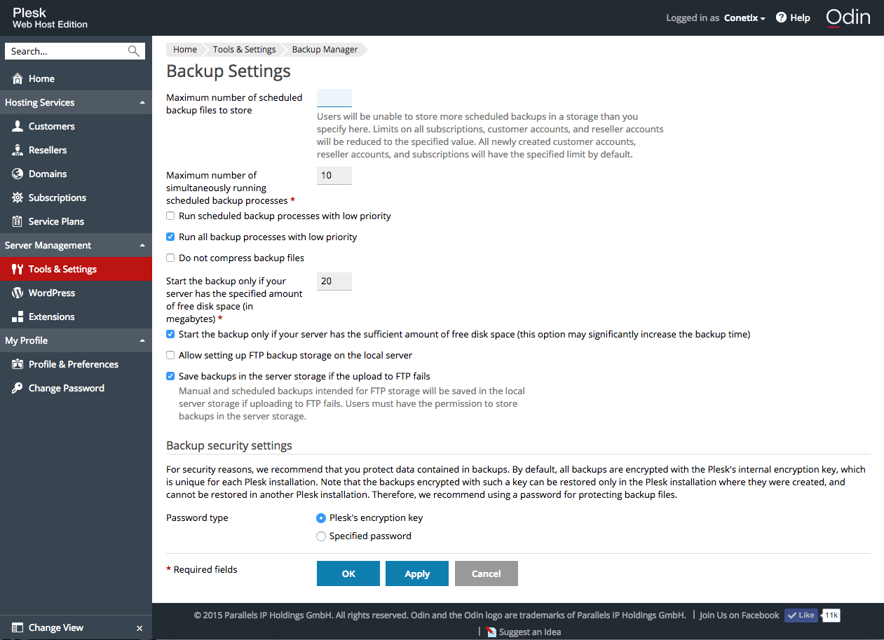 Backup Security Options in Plesk12.1