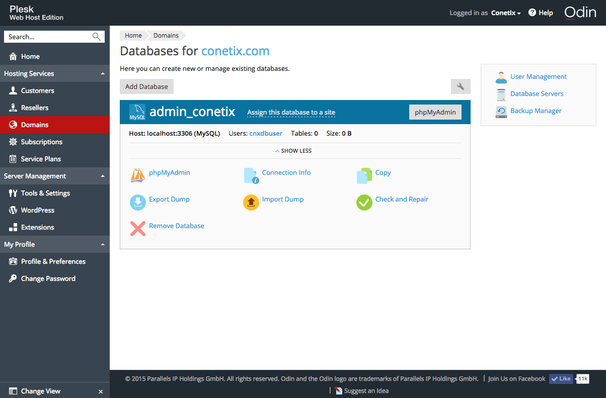 Database User Screen in Plesk 12.5