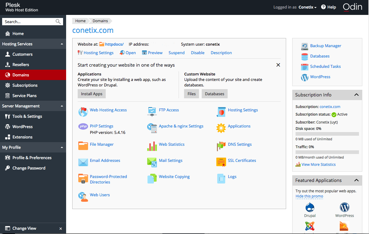 Odin Plesk 12.5 Domain Overview
