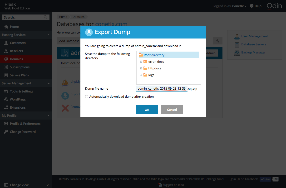 Plesk 12.5 Export Dump for Database
