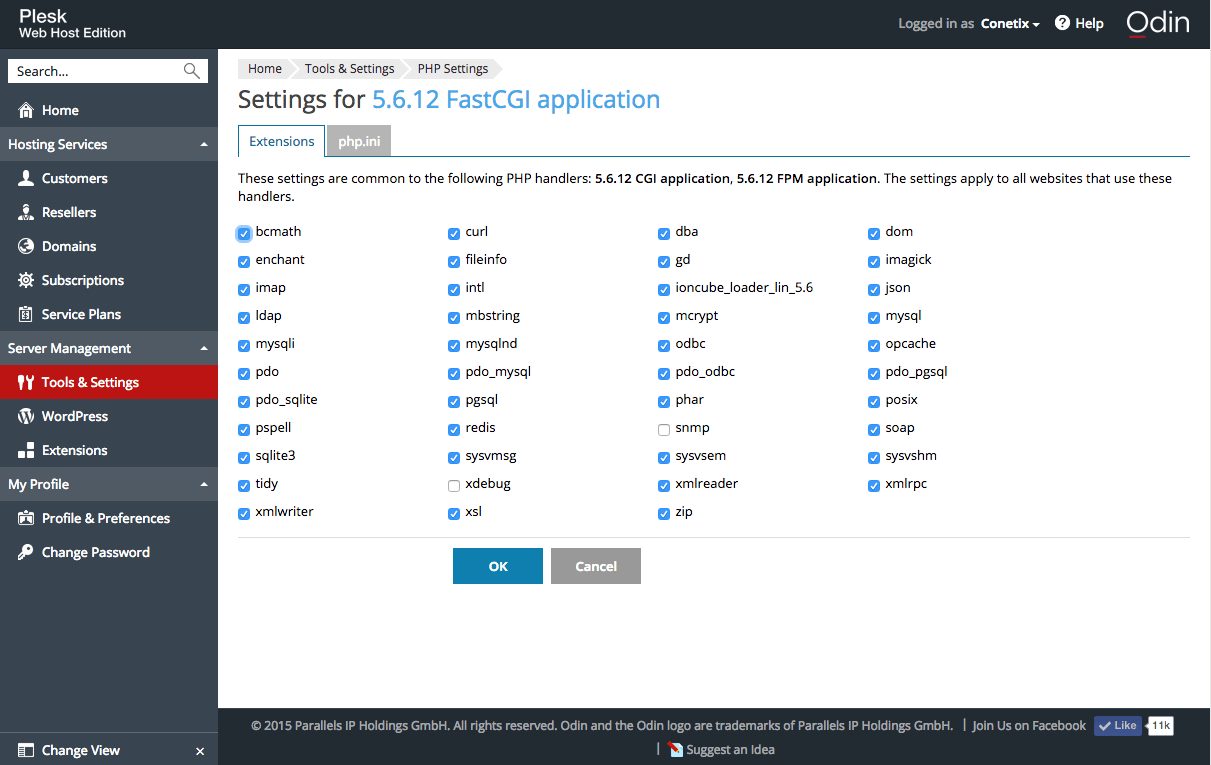 PHP Extensions Plesk 12.5