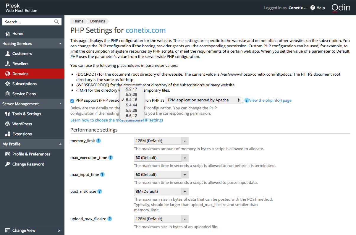 Domain Settings for PHP in Plesk 12.5