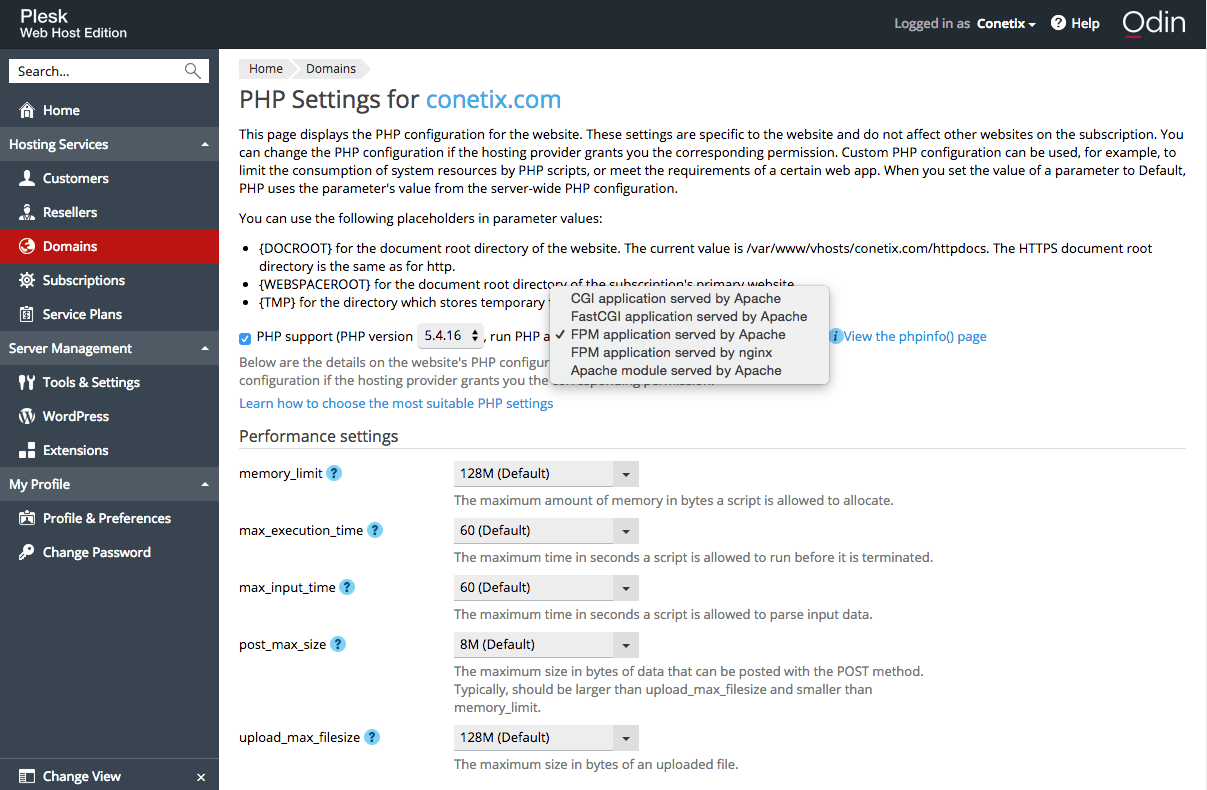 Run PHP as in Plesk 12.5