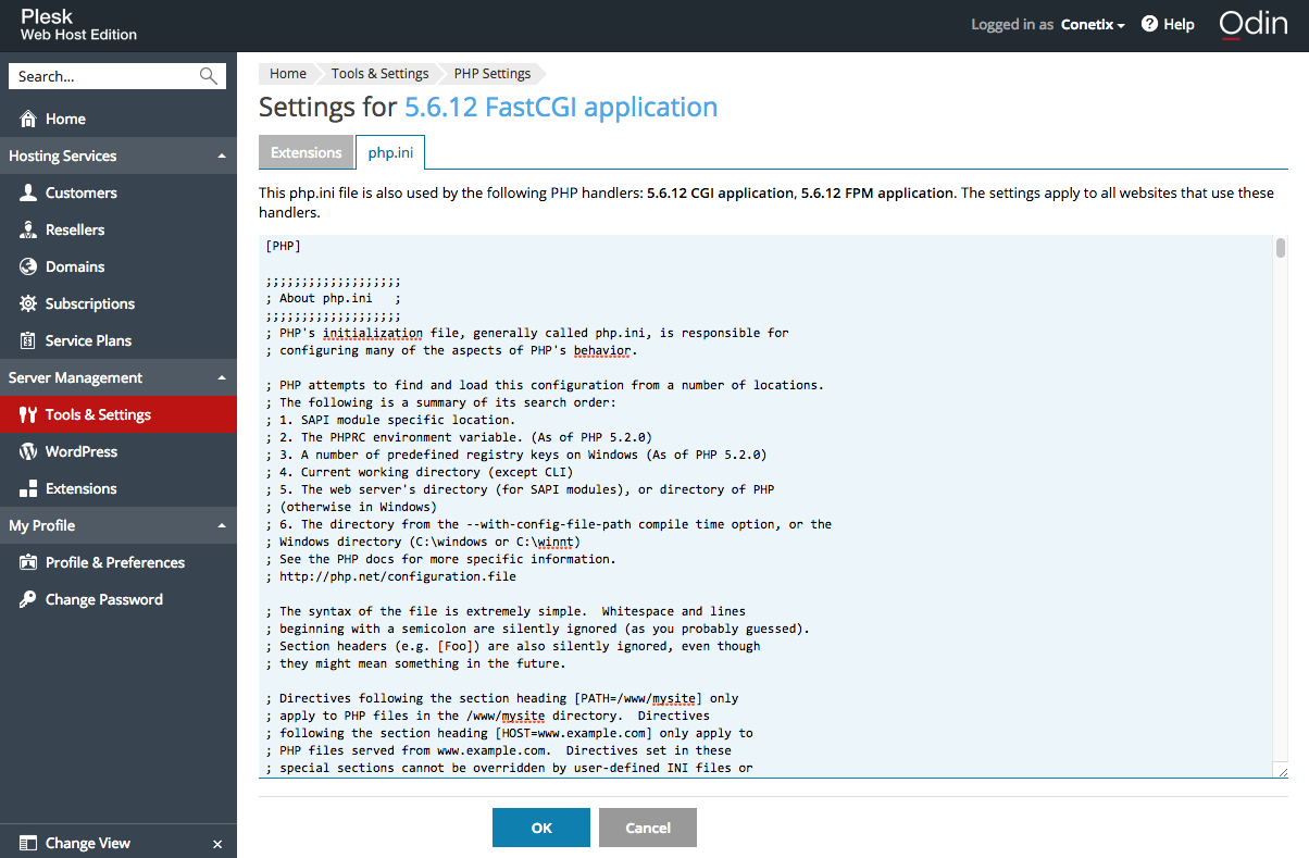 PHP ini settings in Plesk 12.5