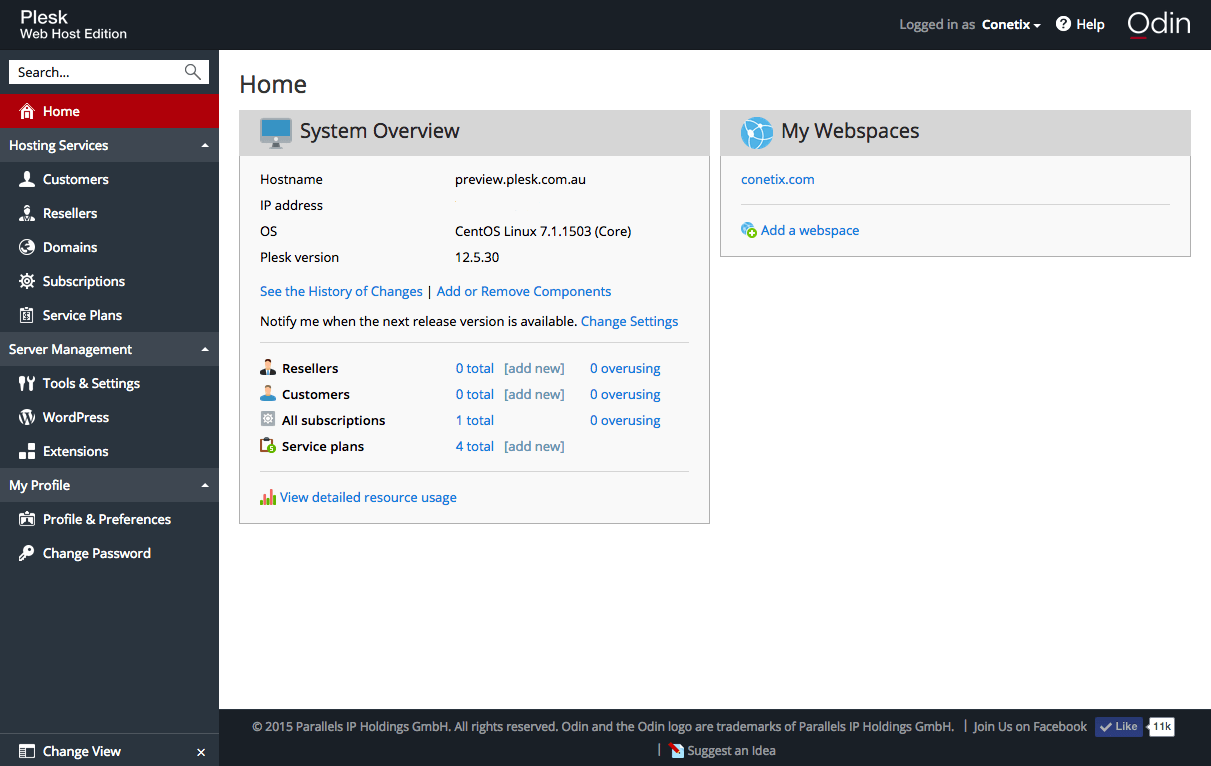 Plesk 12.5 Home Screen