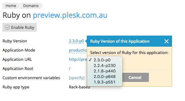 Whats new in Plesk Onyx: Ruby version selector