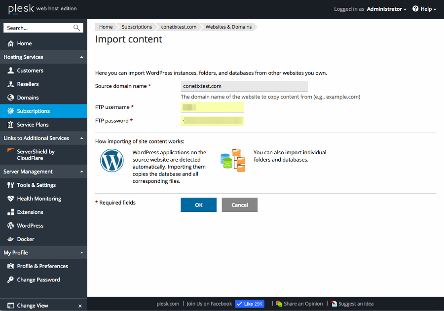 Plesk 12.5 WordPress Toolkit 2.0 Single WordPress Migration Screenshot