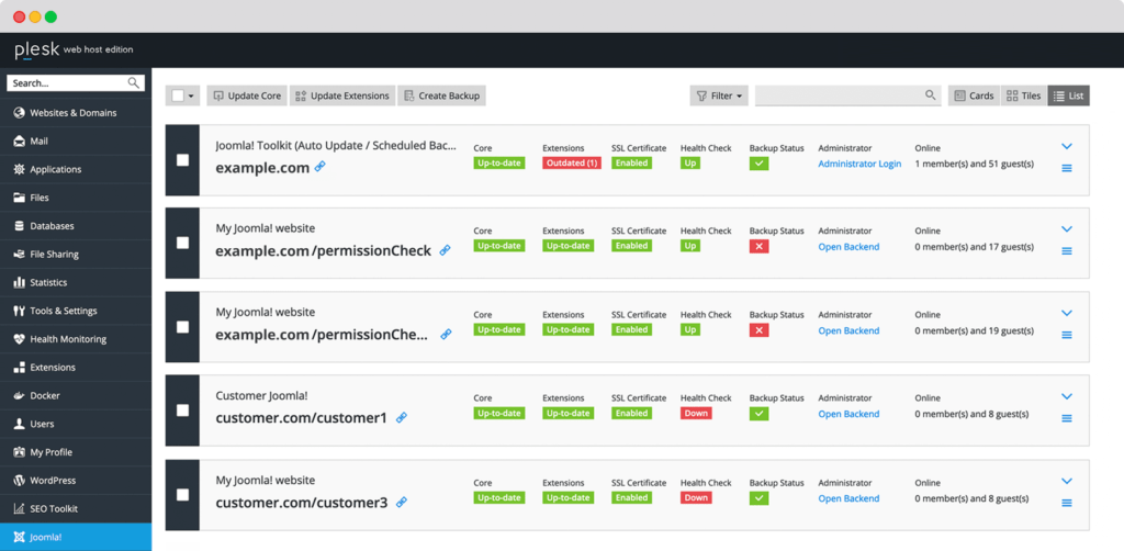 Plesk Joomla! Toolkit List View Image